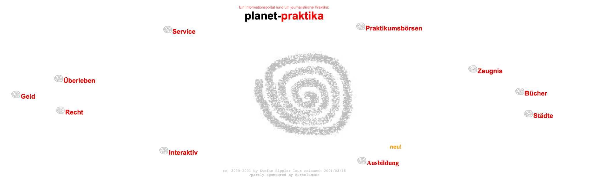 Frühe Startseite von planetpraktika.de aus der Gründungszeit